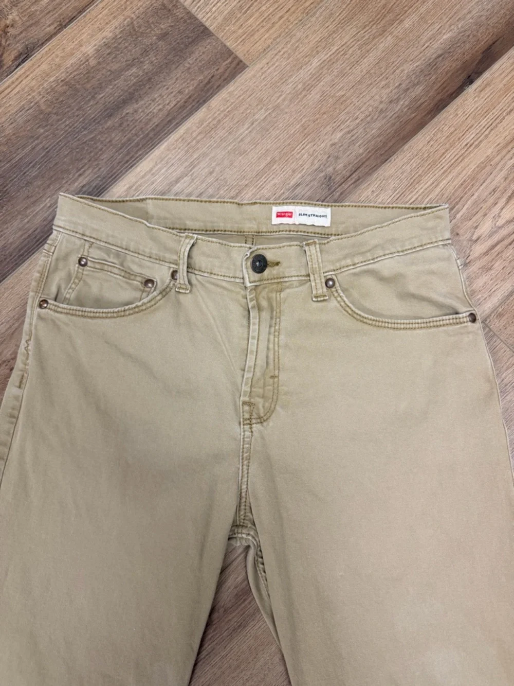 Wrangler Slim Straight Pants Men‎ 32/32 Khaki Tan 5 Pocket Mid Rise Casual Work